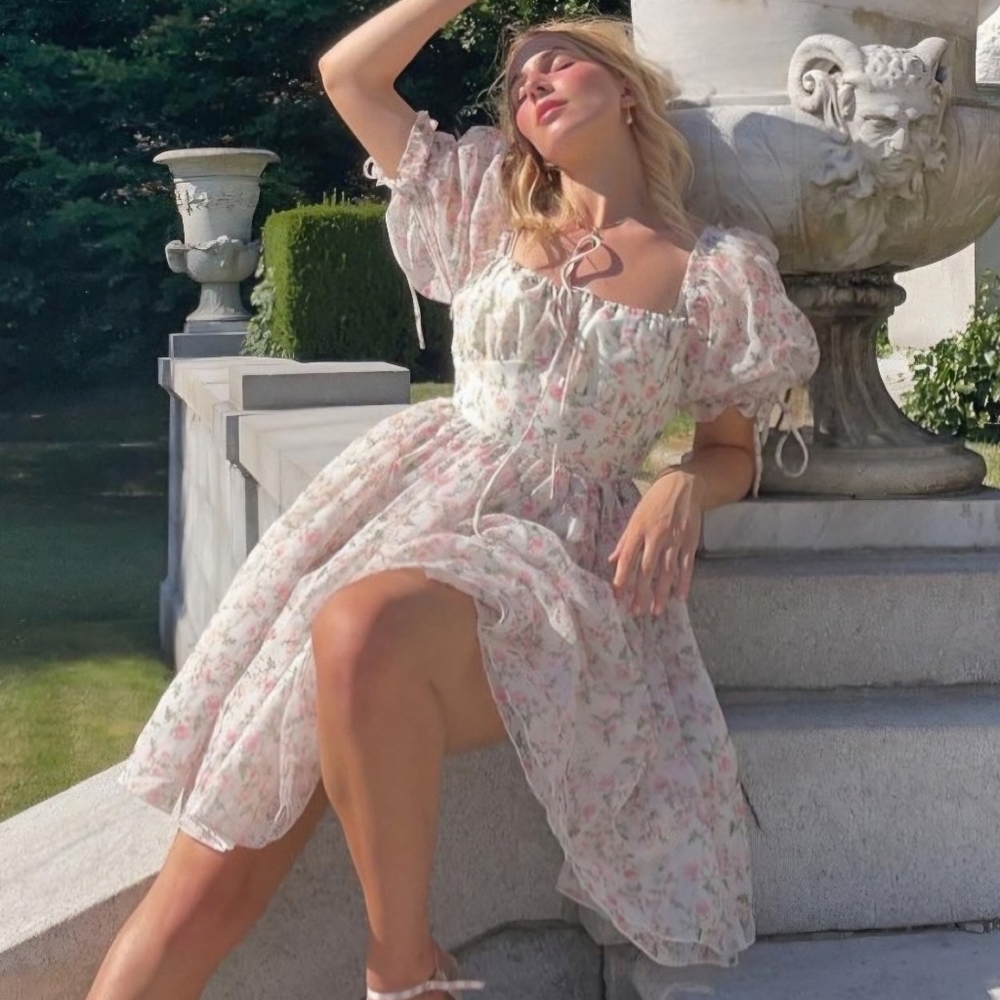 Floral Puff-Sleeve Midi Dress in Soft Pink -